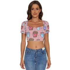 Cute Kawaii Food Seamless Pattern Short Sleeve Square Neckline Crop Top  by Pakjumat