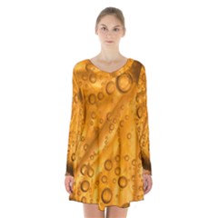 Lime Water Bubbles Macro Light Detail Background Long Sleeve Velvet V-neck Dress