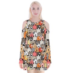 Cute Dog Seamless Pattern Background Velvet Long Sleeve Shoulder Cutout Dress