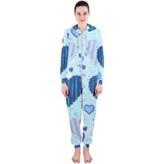 Hearts Pattern Paper Wallpaper Blue Background Hooded Jumpsuit (ladies)