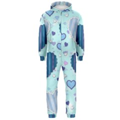 Hearts Pattern Paper Wallpaper Blue Background Hooded Jumpsuit (men)