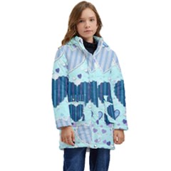 Hearts Pattern Paper Wallpaper Blue Background Kids  Hooded Longline Puffer Jacket by Pakjumat