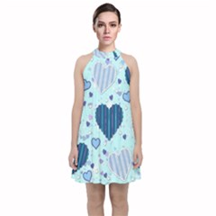 Hearts Pattern Paper Wallpaper Blue Background Velvet Halter Neckline Dress 