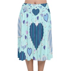 Hearts Pattern Paper Wallpaper Blue Background Velvet Flared Midi Skirt by Pakjumat