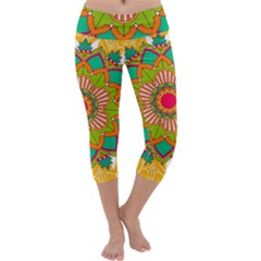 Mandala Patterns Yellow Capri Yoga Leggings by Pakjumat