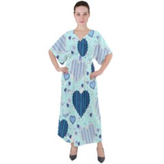 Hearts Pattern Paper Wallpaper Blue Background V-neck Boho Style Maxi Dress by Pakjumat