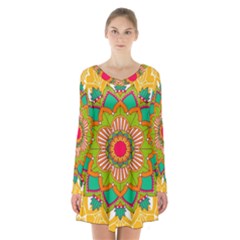 Mandala Patterns Yellow Long Sleeve Velvet V-neck Dress