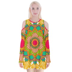 Mandala Patterns Yellow Velvet Long Sleeve Shoulder Cutout Dress