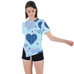 Hearts Pattern Paper Wallpaper Blue Background Asymmetrical Short Sleeve Sports T-shirt by Pakjumat