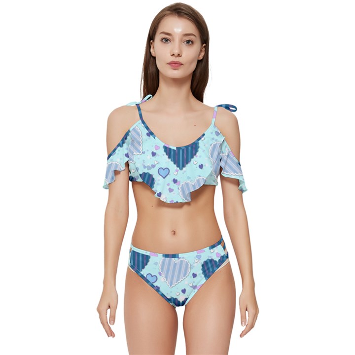 Hearts Pattern Paper Wallpaper Blue Background Ruffle Edge Tie Up Bikini Set	