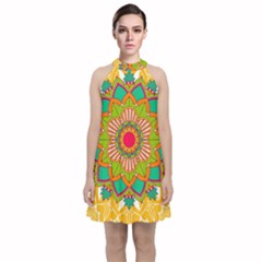 Mandala Patterns Yellow Velvet Halter Neckline Dress 