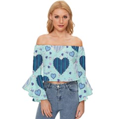 Hearts Pattern Paper Wallpaper Blue Background Off Shoulder Flutter Bell Sleeve Top