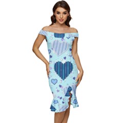 Hearts Pattern Paper Wallpaper Blue Background Off Shoulder Ruffle Split Hem Bodycon Dress by Pakjumat