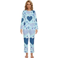 Hearts Pattern Paper Wallpaper Blue Background Womens  Long Sleeve Lightweight Pajamas Set by Pakjumat