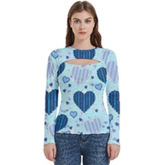 Hearts Pattern Paper Wallpaper Blue Background Women s Cut Out Long Sleeve T-shirt by Pakjumat