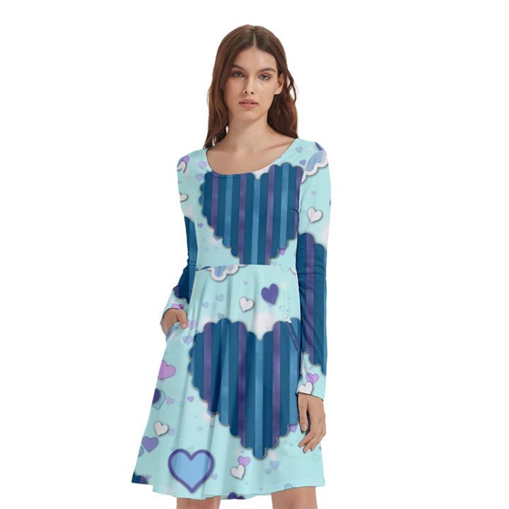 Hearts Pattern Paper Wallpaper Blue Background Long Sleeve Knee Length Skater Dress With Pockets