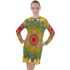 Mandala Patterns Yellow Long Sleeve Hoodie Dress