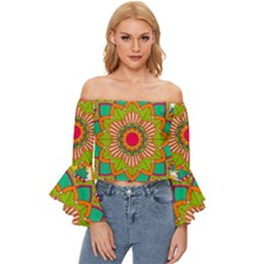 Mandala Patterns Yellow Off Shoulder Flutter Bell Sleeve Top