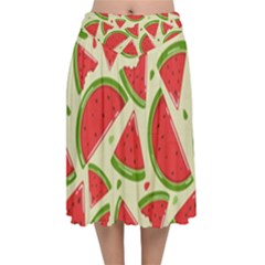 Cute Watermelon Seamless Pattern Velvet Flared Midi Skirt