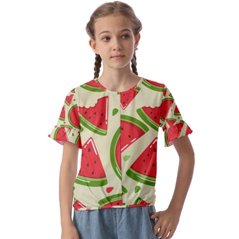 Cute Watermelon Seamless Pattern Kids  Cuff Sleeve Scrunch Bottom T-shirt by Pakjumat