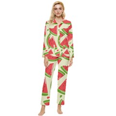 Cute Watermelon Seamless Pattern Womens  Long Sleeve Velvet Pocket Pajamas Set