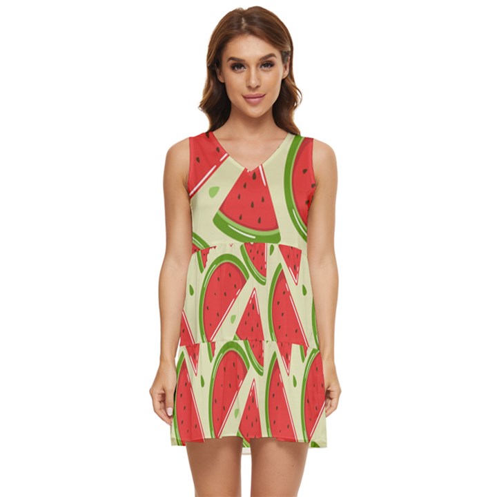 Cute Watermelon Seamless Pattern Tiered Sleeveless Mini Dress