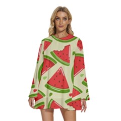 Cute Watermelon Seamless Pattern Round Neck Long Sleeve Bohemian Style Chiffon Mini Dress by Pakjumat