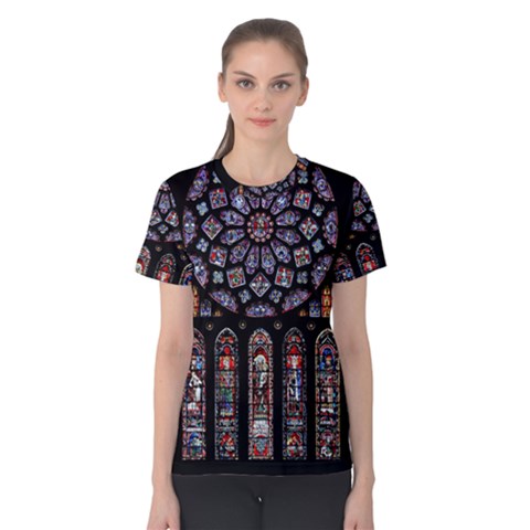 Chartres Cathedral Notre Dame De Paris Stained Glass Women s Cotton T-shirt by Maspions