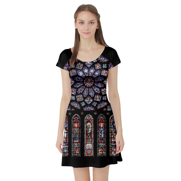 Chartres Cathedral Notre Dame De Paris Stained Glass Short Sleeve Skater Dress