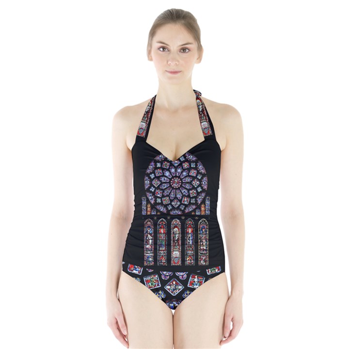 Chartres Cathedral Notre Dame De Paris Stained Glass Halter Swimsuit