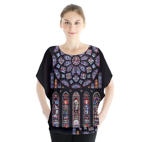 Chartres Cathedral Notre Dame De Paris Stained Glass Batwing Chiffon Blouse by Maspions