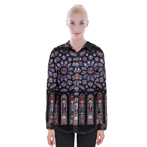 Chartres Cathedral Notre Dame De Paris Stained Glass Womens Long Sleeve Shirt by Maspions