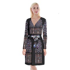 Chartres Cathedral Notre Dame De Paris Stained Glass Long Sleeve Velvet Front Wrap Dress