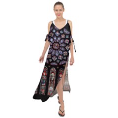 Chartres Cathedral Notre Dame De Paris Stained Glass Maxi Chiffon Cover Up Dress by Maspions