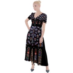 Chartres Cathedral Notre Dame De Paris Stained Glass Button Up Short Sleeve Maxi Dress by Maspions