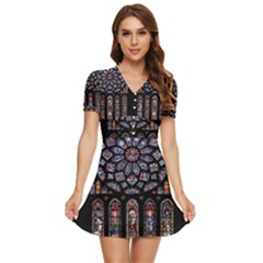 Chartres Cathedral Notre Dame De Paris Stained Glass V-neck High Waist Chiffon Mini Dress