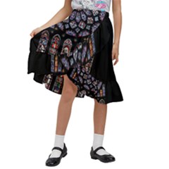 Chartres Cathedral Notre Dame De Paris Stained Glass Kids  Ruffle Flared Wrap Midi Skirt by Maspions