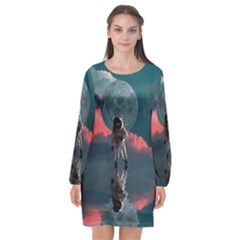 Astronaut Moon Space Nasa Planet Long Sleeve Chiffon Shift Dress 