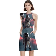 Astronaut Moon Space Nasa Planet Cocktail Party Halter Sleeveless Dress With Pockets by Maspions