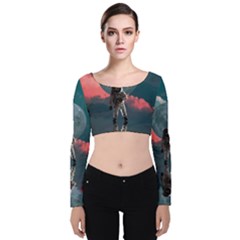 Astronaut Moon Space Nasa Planet Velvet Long Sleeve Crop Top by Maspions