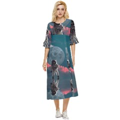 Astronaut Moon Space Nasa Planet Double Cuff Midi Dress by Maspions