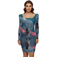 Astronaut Moon Space Nasa Planet Women Long Sleeve Ruched Stretch Jersey Dress by Maspions