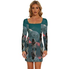 Astronaut Moon Space Nasa Planet Long Sleeve Square Neck Bodycon Velvet Dress by Maspions