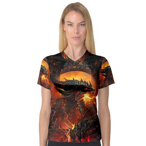 Dragon Fire Fantasy Art V-neck Sport Mesh T-shirt by Maspions