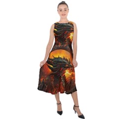 Dragon Fire Fantasy Art Midi Tie-back Chiffon Dress