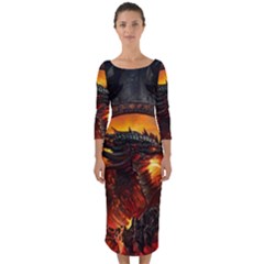 Dragon Fire Fantasy Art Quarter Sleeve Midi Bodycon Dress