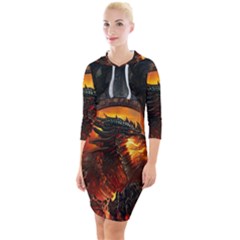 Dragon Fire Fantasy Art Quarter Sleeve Hood Bodycon Dress