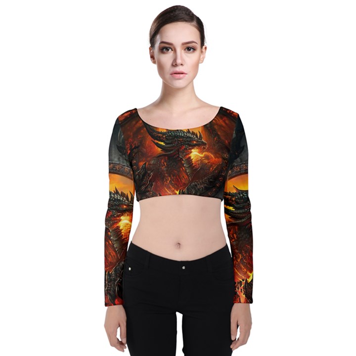 Dragon Fire Fantasy Art Velvet Long Sleeve Crop Top