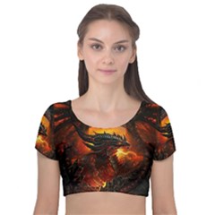 Dragon Fire Fantasy Art Velvet Short Sleeve Crop Top 