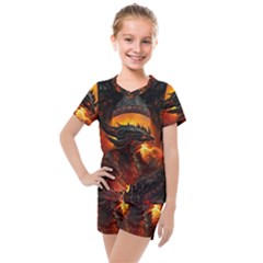 Dragon Fire Fantasy Art Kids  Mesh T-shirt And Shorts Set